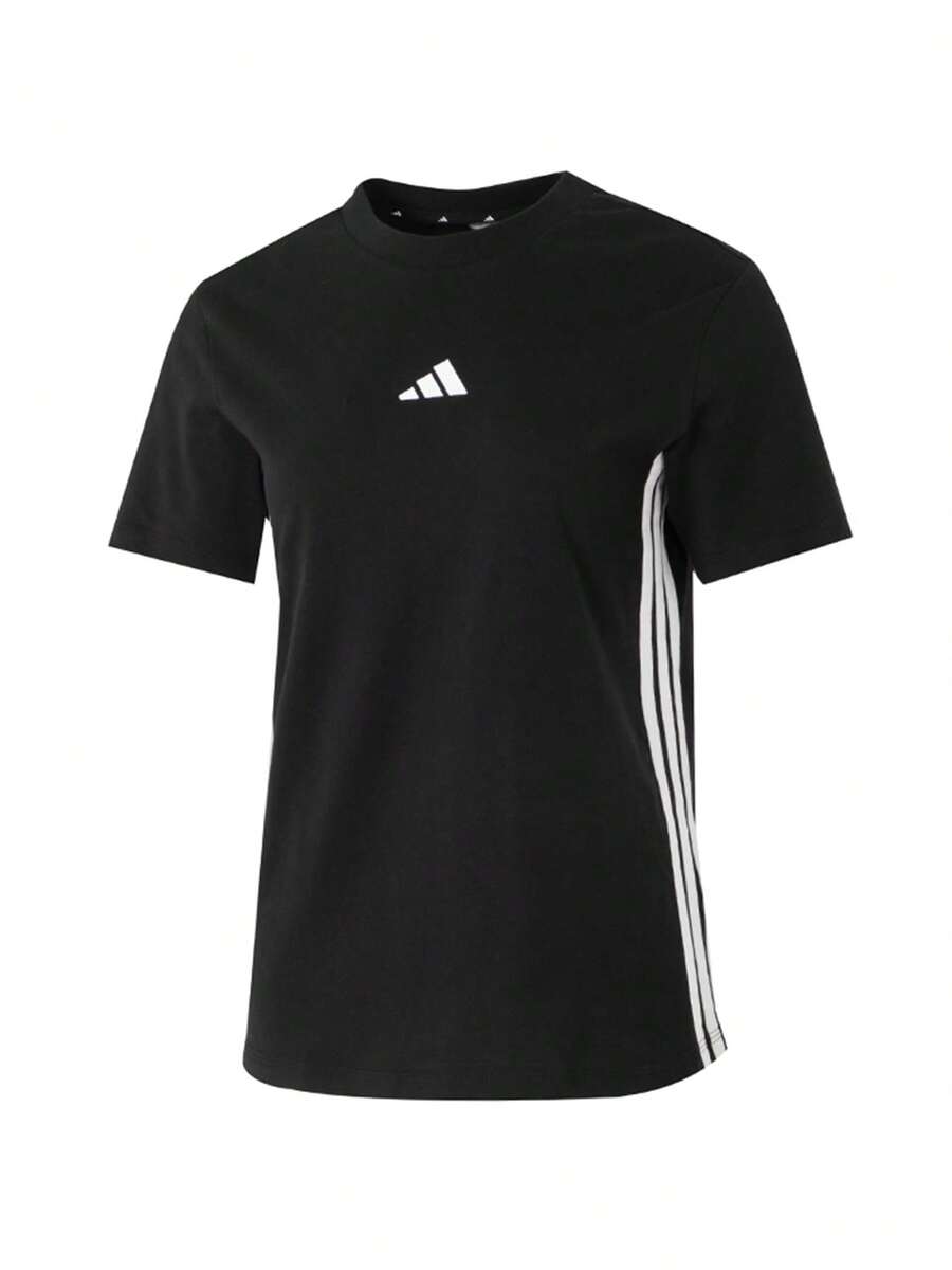Adidas女裝上衣2026春季新款運動休閒小logo三條紋舒適透氣圓領短袖T卹JD0846 - 黑色 - 查看 1