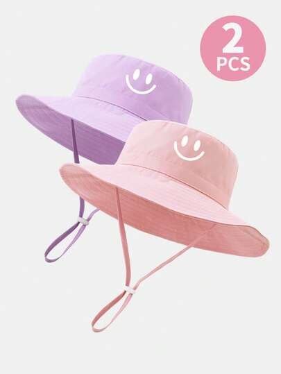 2 PCS Baby Toddler Boys Girls Smiling Face Pattern Wide Brim UV Protection Sun Hat With Windproof Strap For Beach And Outdoor Play