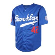 Men's #42 Blue Brooklyn Baseball Jersey - Short - Sleeve Button - Down Fit, Classic Letter & Number Embroidery, Blue - White - Red Contrast, Ideal For Daily & Training - 四十二 藍色 - 查看 10