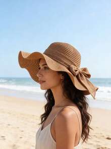 1顶女士蕾丝蝴蝶结草帽，防晒，适合海滩和日常佩戴，春夏款 - 1pc - 查看 1