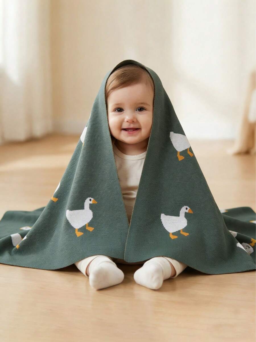 All Season 100% Cotton Newborn Baby Blanket, Cute Big Swan Pattern, Infant Swaddle Wrap, Stroller Blanket, Baby Essential - Màu xanh lá cây đậm - Xem 1