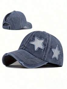1pc Ladies' Embroidered 5-Pointed Star Washed Ponytail Distressed Baseball Cap, Sun Protection Leisure Hat Suitable For Spring/Autumn Travel, Beach Holidays, Men's Sun Hat, Y2K Style Youth Hat - Embroidery - View 11