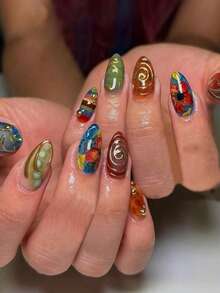 Bộ 24 miếng dán móng tay hình hạnh nhân cỡ trung bình theo phong cách hội họa nhuộm màu Dopamine Y2K, phù hợp cho mọi dịp. - Nhiều màu - Xem 5