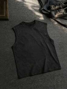 INFLATION Distressed Washed Cotton Sleeveless T-Shirt, Brand For Men, Summer - Black - View 2