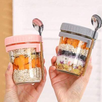 1pc Portable Oatmeal And Yogurt Cup - Mason Glass Breakfast Cup With Lid And Spoon, Ideal For Salads And Smoothies, Excellent For Restaurants And Home Use, Suitable For Overnight Oats Leak Proof Oatmeal Container, Kitchen Item, For Cereal Fruit Vegetable Milk Salad Yogurt Meal Prep, Kitchen Accessories