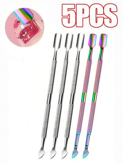 5件/1件不锈钢角质层推棒套装 - 双头设计，精准尖端，纹理握柄，彩虹银色手柄，适用于UV凝胶卸除和美甲，是家庭美甲沙龙的理想之选。