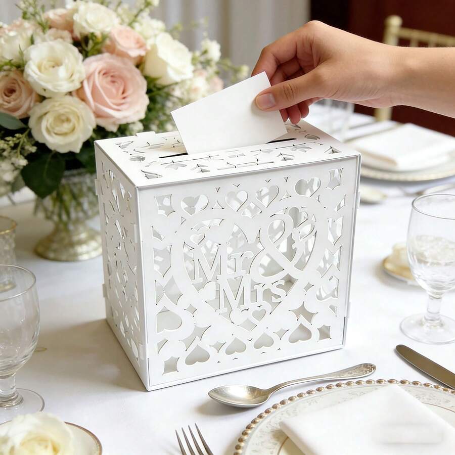1 Set Of Wooden Wedding Card Boxes With Locks And Keys, Gift Card Clips For Reception, And Natural Hollow Cash Boxes With Card Logos For Weddings - One Size - View 1