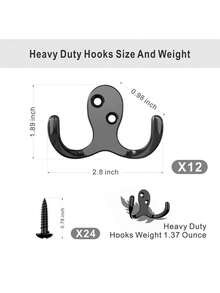 12个装重型壁挂式不锈钢衣钩，适用于外套、背包、浴袍、帽子、毛巾等，可用于厨房浴室收纳整理，配有24颗安装螺丝，耐用金属衣架，适用于家庭、办公室、卧室、玄关等场所。 - 查看 3