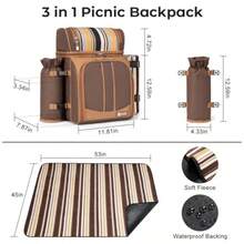 ALLCAMP Mochila de picnic Bolsa térmica con compartimento soporte desmontable para copas de vino juego de manta y cubiertos juego de picnic para 2 personas para salidas familiares regalos de - Marrn1 - Ver 2