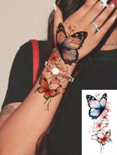 1pc Large Sexy Colorful Double Butterfly & Peach Blossom Floral Vine Artistic Temporary Tattoo Sticker, Waterproof & Easy To Use, Suitable For Women's Arms, Legs, Party, Gift, Decoration, Photography
