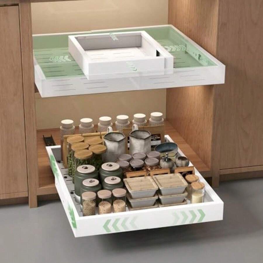 NETEL 2 piezas Cajones Extraibles para Cocina Cajones Deslizables para Cocina con 3 Rieles Adhesivo Expandible por los cuatro lados Organizador para Alacena An: 30-49 cm Prof : 43 5-55 cm NE - Blanco - Ver 1