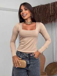 Set Of 3 Women's Second Skin Baby Look Blouses, Long Sleeve, Square Neck, Basic Shaping, Soft Supplex Fabric, Lined, Elastic, Premium Casual Fashion, Versatile, - 黑酒紅米色 - 查看 4