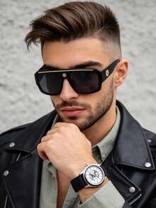 1pc Large Frame Aviator Style New Fashion Glasses For Men, Retro Personalized Men's Glasses, Men's Driving Glasses, Outdoor Travel Holiday Beach Accessory Unisex Basic - Black - View 2