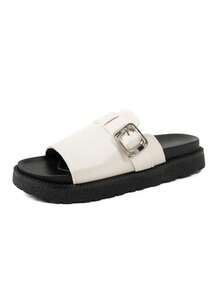 Women's Solid Color Sandals, Metal Buckle One-Strap Slides, Platform Thick Sole Slippers, Fashion Flip Flops, Comfortable Non-Slip, Versatile Beach Sandals, Suitable For Daily Wear - White - View 8