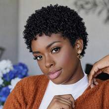 1pc 4-Inch Brazilian Remy Afro Kinky Curly Wig, Full Lace, 1B Color, Natural Looking | 200% Density Short Pixie Cut Human Hair Wig, Glueless Rose Net Cap, Suitable For Daily, Festival, Party And Everyday Styling - Natural Black - View 9