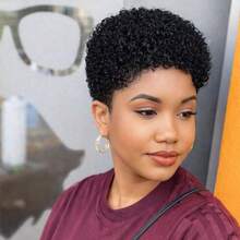 1pc 4-Inch Brazilian Remy Afro Kinky Curly Wig, Full Lace, 1B Color, Natural Looking | 200% Density Short Pixie Cut Human Hair Wig, Glueless Rose Net Cap, Suitable For Daily, Festival, Party And Everyday Styling - Natural Black - View 7