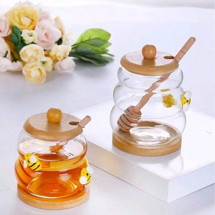 Tarro de miel de vidrio transparente para el hogar con tapa y varilla de vidrio para revolver, recipiente de vidrio transparente y creativo