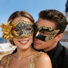 Masquerade Ball Mask, Venetian Party Mask, Christmas/Halloween Couples Costume Party Mask Set, Carnival Role Play Party Gold Mask Set - Yellow Combination - View 7