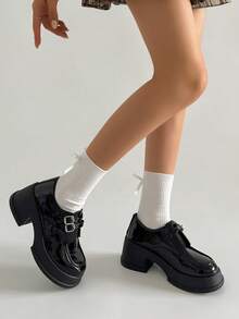 1 đôi giày Mary Jane đế cao bằng da PU màu trơn, kiểu dáng học sinh, phù hợp để mang đi làm mọi mùa. - màu đen - Xem 2