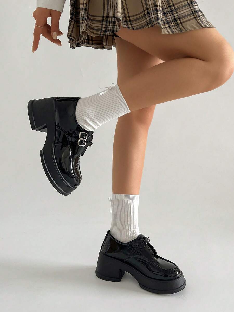 1 đôi giày Mary Jane đế cao bằng da PU màu trơn, kiểu dáng học sinh, phù hợp để mang đi làm mọi mùa. - màu đen - Xem 1