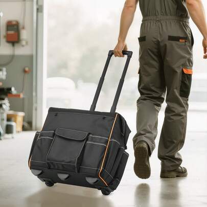Rolling Tool Bag, 110 Lbs Load Capacity, 25 Pockets Heavy Duty Roller Tool Bag With Adjustable Telescoping Handle & Stable Base, Toolbag Organizers With Wheels For Electrician, Construction