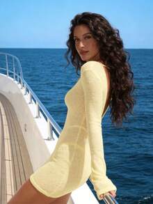 Đầm dệt kim xuyên thấu màu trơn, không lưng, buộc dây phía sau, thích hợp cho kỳ nghỉ biển, dự tiệc và các dịp trang trọng dành cho nữ. - Màu vàng - Xem 3