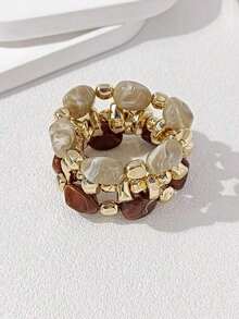 3pcs Vintage Multi-Layer Brown Acrylic Beaded Bracelet, Transformable Gold Chip Bracelet, For Women, Couples, Party, Daily Wear - 多色AA - 查看 6