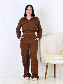 Women's Corduroy Velvet Set With Jacket And Pants - Comfort And Style - Camel - View 3