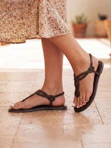 Women's Fashion Sandals, Dressy Summer Bohemian T-Strap Comfortable Summer Flats Sandals For Vacation - 棕色 - 查看 1