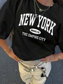 Graphic TeesLadies' NEW YORK BROOKLYN THE EMPIRE CITY Printed T-Shirt |     Breathable, Lightweight, Comfortable, Casual Round-Neck Tee, Ideal For Spring/Summer, Fashionable And Stylish Unisex Graphic T Shirts Unisex Casual TeeCottnocotton Top,Tops Women Summer,Everyday Outfits Women,Cute T Shirts - 黑色 2 - 查看 2