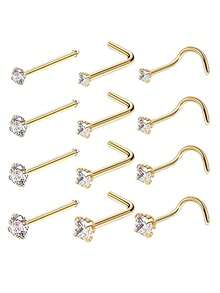 Bộ 4 khuyên mũi/tai hình chữ L đính đá Cubic Zirconia sáng bóng kích thước 1.5/2/2.5/3mm, khuyên mũi/tai mạ vàng 18K, kiểu càng cua, trang sức xỏ khuyên thời trang cho nữ đeo hàng ngày. - Vàng - Xem 1