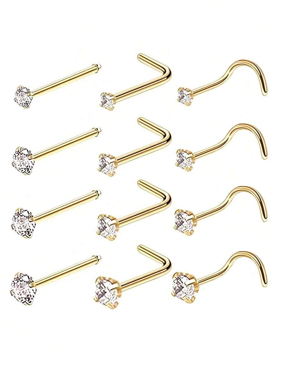Bộ 4 khuyên mũi/tai hình chữ L đính đá Cubic Zirconia sáng bóng kích thước 1.5/2/2.5/3mm, khuyên mũi/tai mạ vàng 18K, kiểu càng cua, trang sức xỏ khuyên thời trang cho nữ đeo hàng ngày. - Vàng - Xem 1