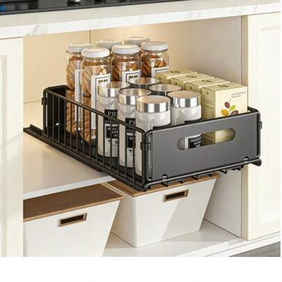 厨房置物架，带拉出式篮子，单层滑动抽屉式储物盒，可放置于水槽下方，多层调料架