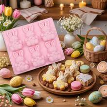 Molde de silicona 3D en forma de conejo, molde para chocolate/cubitos de hielo/gelatina de Pascua, molde conectado de 6 cavidades, herramienta DIY para hornear - Rosa Pálido - Ver 3