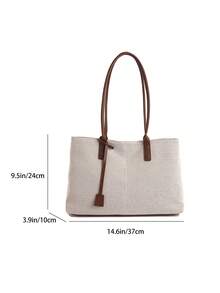 1pc Brown Tote Bag, New Design With Strap Decor, Metal Rivet Accent, Large Capacity Canvas Patchwork Shoulder Bag For Women - Brown - View 7