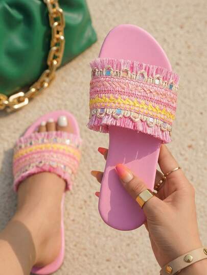 planare New Women's Fashion Summer Minimalist Woven Fabric Brown, Khaki, Pink Flat Slide Sandals, Slip-On Round Toe, Suitable For Daily, Vacation, And Casual Occasions