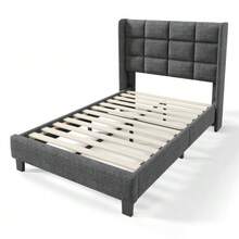 Modern Design Upholstered Bed With Its Upholstered Headboard. Single Bed With Slatted Base, 90x200cm, In Linen, Medium Firmness (Without Mattress) - Grey - View 8