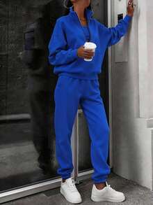 Women's Oversized Half Zip Two-Piece Tracksuit, High Neck Stand Collar Loose Fit Fleece Sweatshirt & Wide Leg Pants Set, Cozy Comfortable Casual Loungewear, Stylish Sports Streetwear Fashion Outfit, Spring Black Essential Versatile Daily Wear, Perfect For Casual Errands, Lounging & Everyday Outdoor Activities  (Local Warehouse Discounts.) | Two Piece Set Women | 2 Piece Sets Woman | Workout Sets Women | Women Two Piece Sets | Sets 2 Piece Women | Conjunto De Dos Piezas Mujer - Màu xanh dương (Phiên bản nâng cấp) - Xem 1