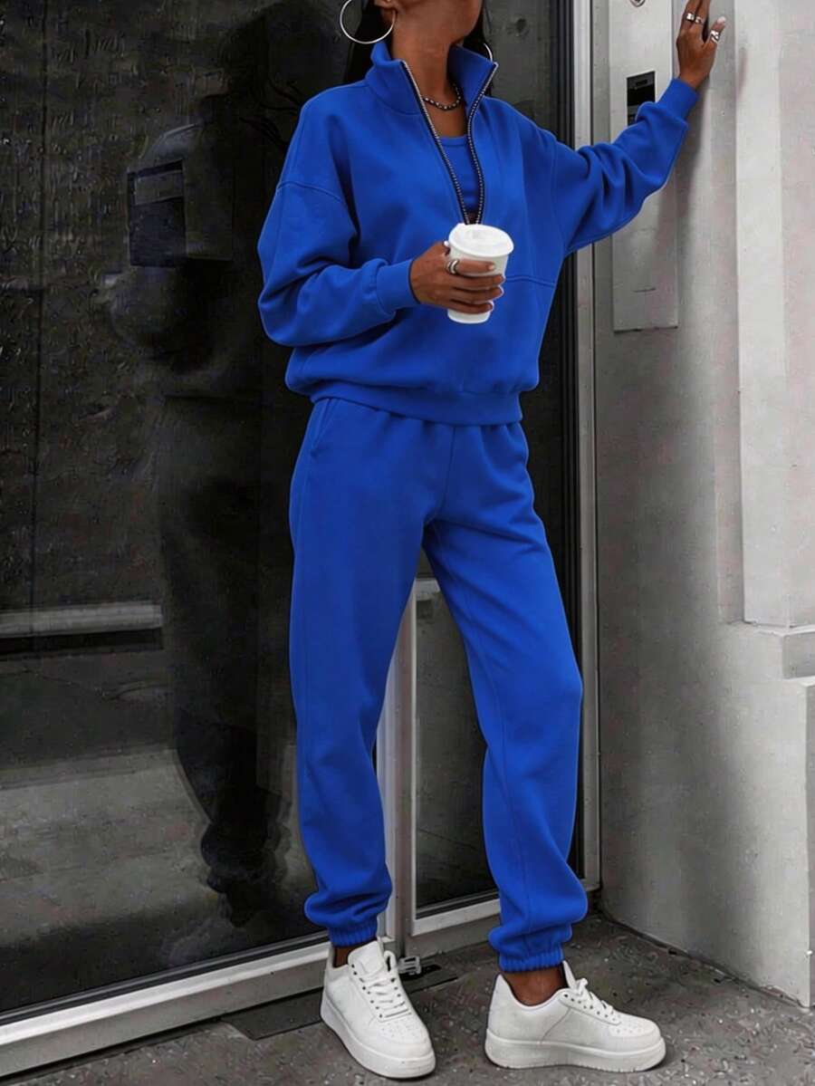 Women's Oversized Half Zip Two-Piece Tracksuit, High Neck Stand Collar Loose Fit Fleece Sweatshirt & Wide Leg Pants Set, Cozy Comfortable Casual Loungewear, Stylish Sports Streetwear Fashion Outfit, Spring Black Essential Versatile Daily Wear, Perfect For Casual Errands, Lounging & Everyday Outdoor Activities (Local Warehouse Discounts.) | Two Piece Set Women | 2 Piece Sets Woman | Workout Sets Women | Women Two Piece Sets | Sets 2 Piece Women | Conjunto De Dos Piezas Mujer - Màu xanh dương (Phiên bản nâng cấp) - Xem 1
