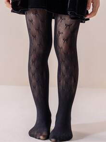 1/2 Pcs Spring/Summer Thin Children/Girls Hollow Heart/Mesh Bow Patterned Black Stockings, Casual Lightweight Breathable Skin-Friendly Leggings, Cute Minimalist Soft Comfortable Versatile Dance Socks, Suitable For Daily Matching, Birthday Party, Dance Performance, Wedding, Everyday Wear - Black - View 11