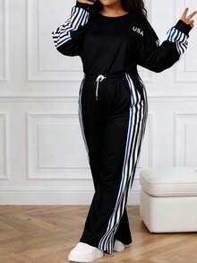 Plus Size Women's Striped Sports 2-Piece Set: Round Neck Sweatshirt With Multicolor Sleeve Print + Drawstring Waist Pockets Striped Wide Leg Casual Pants, Suitable For Spring, Summer, Autumn And Winter - Black and White - View 5