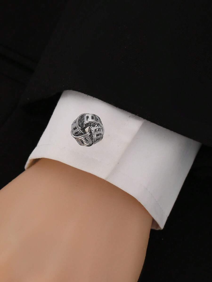 1pc Men's Silver Vintage Metal Round Wavy Striped Cufflinks, Adjustable Shirt Cuff Accessories For Casual Daily Wear - Silver - View 1