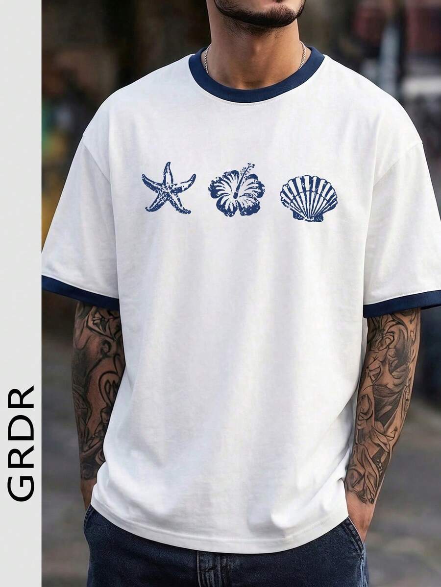 Camiseta estampada minimalista para hombres GRDR - Cuello de contraste retro de manga corta, cómoda y transpirable para el verano - Blanco - Ver 1