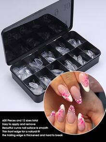600pcs 12 Sizes Almond Shaped Faux Nails, Full Cover Nail Stickers, Reusable Nail Art Set Suitable For Nail Salons And DIY Home Use - Clear - View 5