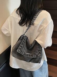 New Korean Style Chain Strap Large Capacity Denim Tote Bag, Casual Commuter Shoulder Bag For College Students - Black - View 6