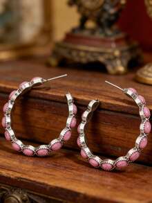 1 Pair Bohemian Synthetic Turquoise Exaggerated C-Shaped Hoop Earrings, Retro Western Style Personalized Large Hoops - C-shaped - View 4