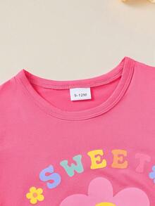 2 Stücke/Set Baby Mädchen Lässig Fuchsia Kurzarm Rundhals Bedrucktes T-Shirt + Elastischer Taille Floral Bedruckte Shorts - Pink - Übersicht 3