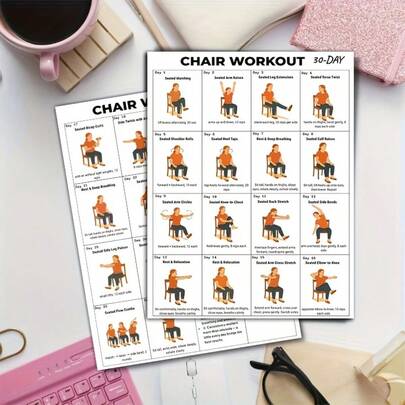 30天椅子健身海报 - 适合老年人和初学者的坐姿锻炼图表，低强度椅子瑜伽和拉伸锻炼计划，家庭健身房墙面装饰和老年人健身指南
