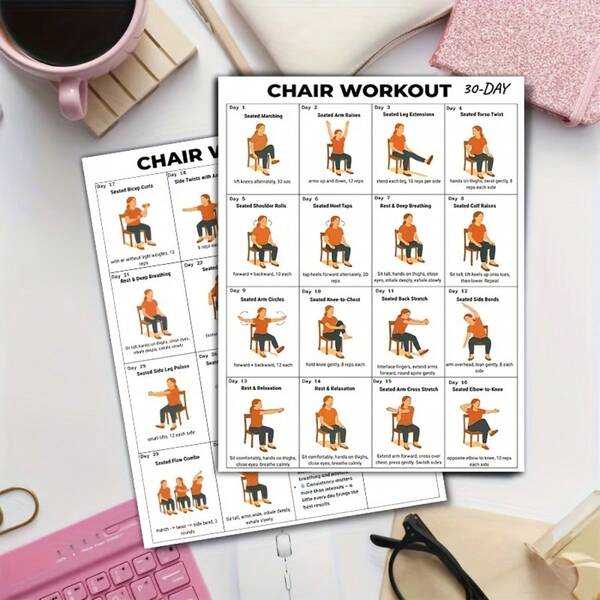 Póster de ejercicios de silla de 30 días - Tabla de ejercicios sentados para personas mayores y principiantes, plan de entrenamiento de yoga y estiramiento en silla de baja intensidad, decoración de pared para gimnasio en casa y guía de acondicionamiento físico para personas mayores