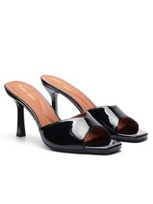 Giày cao gót đen nữ, kiểu dáng slip-on, thích hợp cho tiệc cưới, dạ hội, chất liệu da bóng, hở mũi, không quai hậu. - màu đen - Xem 2